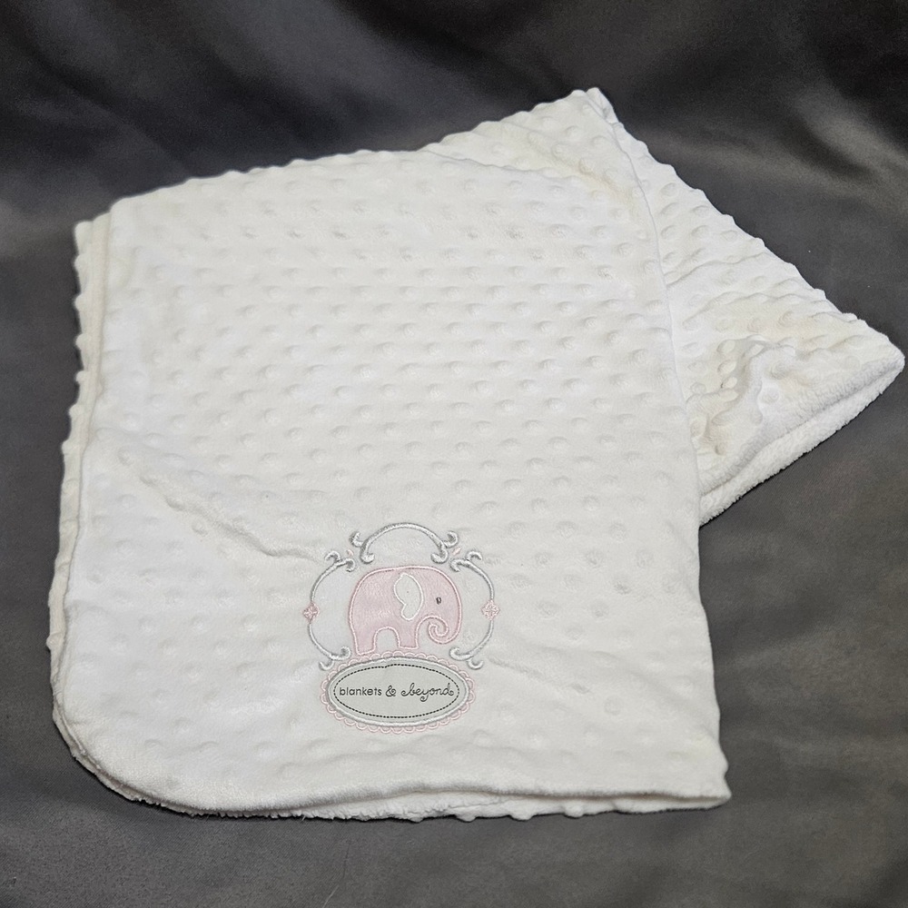 Blankets & Beyond White Minky Dot Pink Elephant Baby Blanket Sherpa Back 31x28